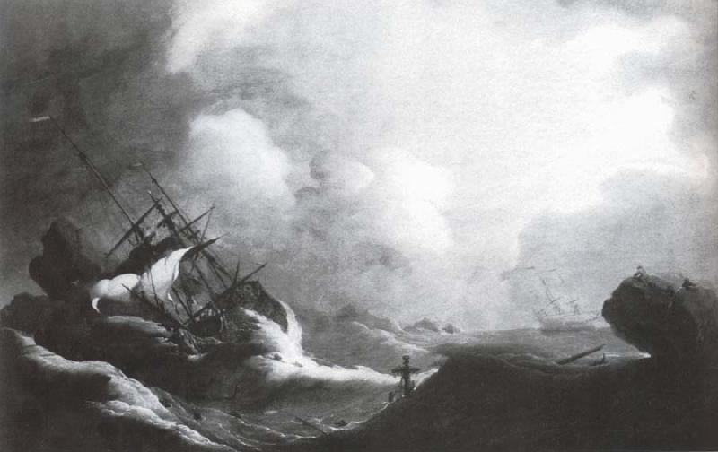 Monamy, Peter A ship running on to rocks in a violent storm oil painting image